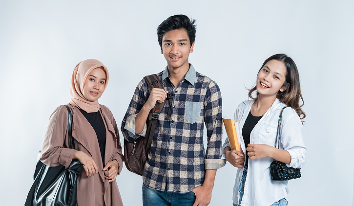portrait happy college friends carrying bag book isolated white 1